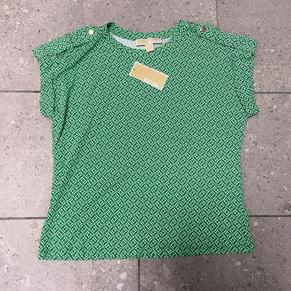 $149 Michael Kors Monogram MK Blouse Shirt Gold Buttons Size S Women’s